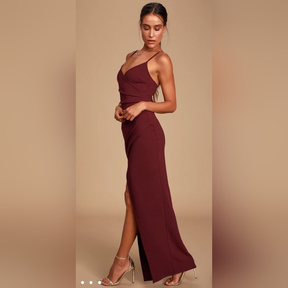 Burgundy Ruched Surplice Maxi Dress - Picture 2 of 6